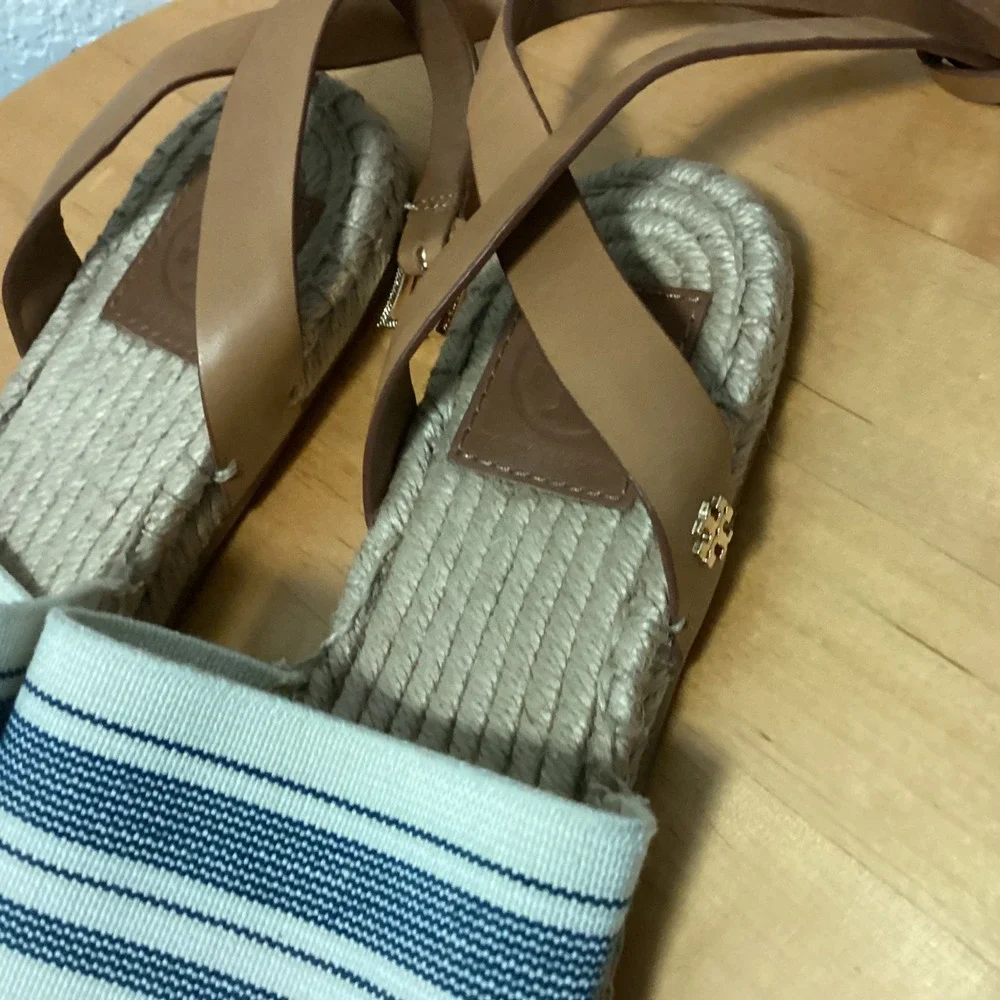 Tory Burch Striped Canvas‎ Espadrille Sandals Blue Cream Leather Ankle Strap 8